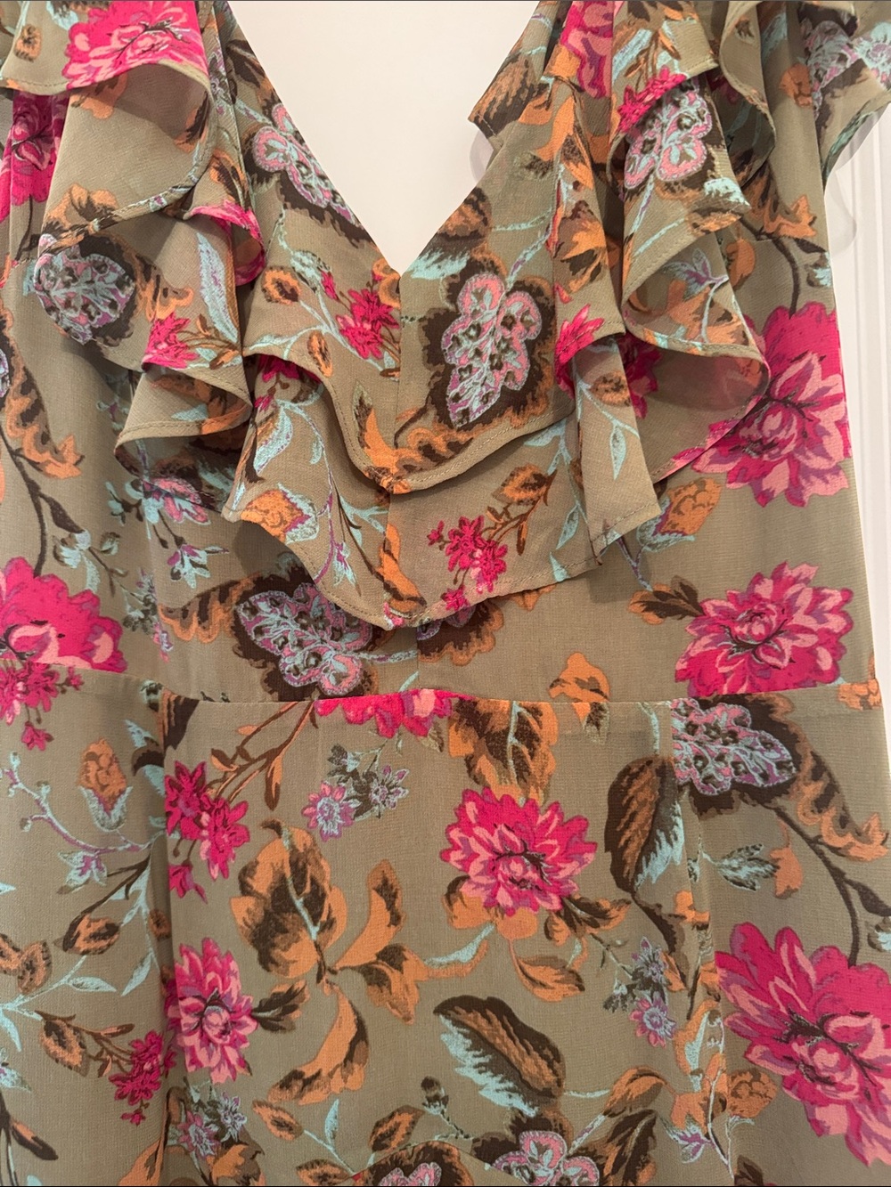 Wayf Olive Maxi Dress with Pink Floral Print